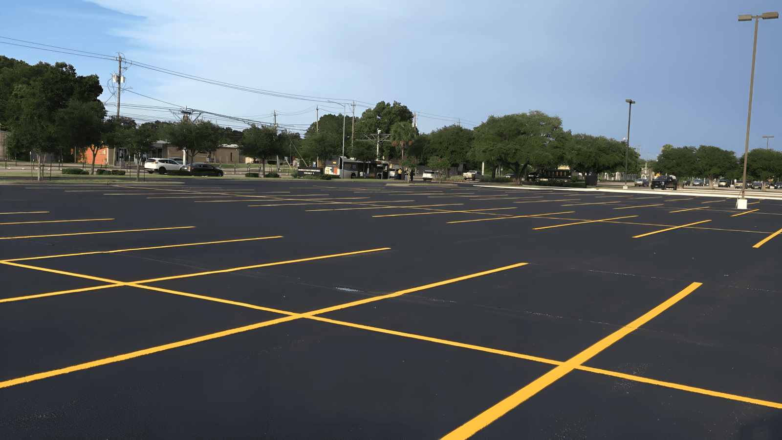 A freshly paved and striped Houston parking lot with crisp yellow lines under a blue Texas sky